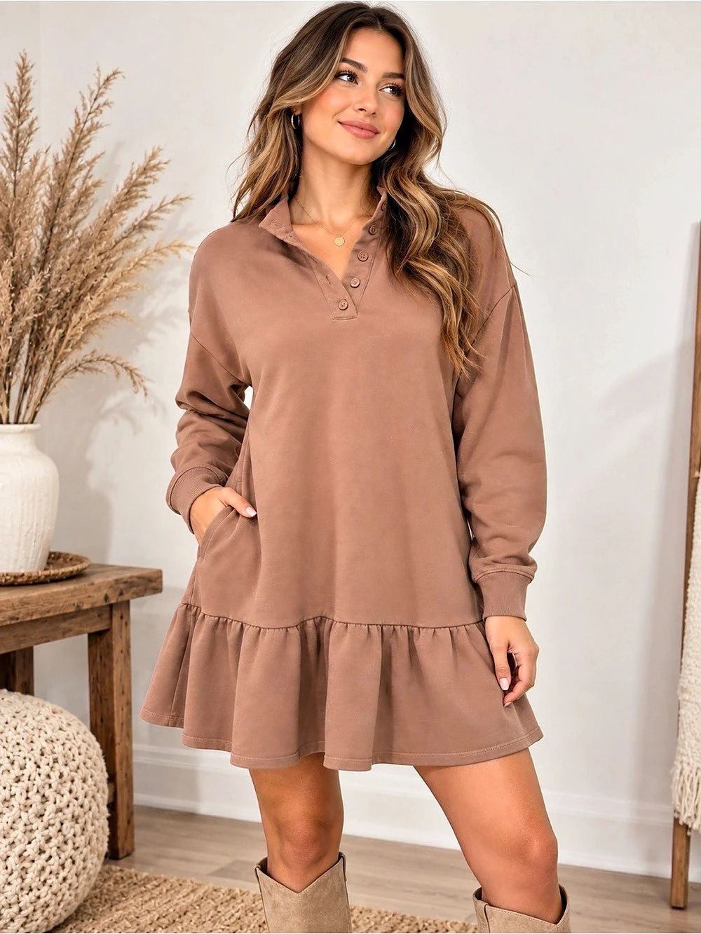 Z Supply Brown Henley Ruffle Sweatshirt Dress Size L FLAW